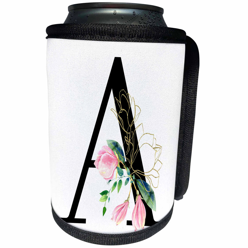 3dRose Chic Black Monogram Initial A With Pretty Pink Flowers - Can Cooler Bottle Wrap (cc-377537)