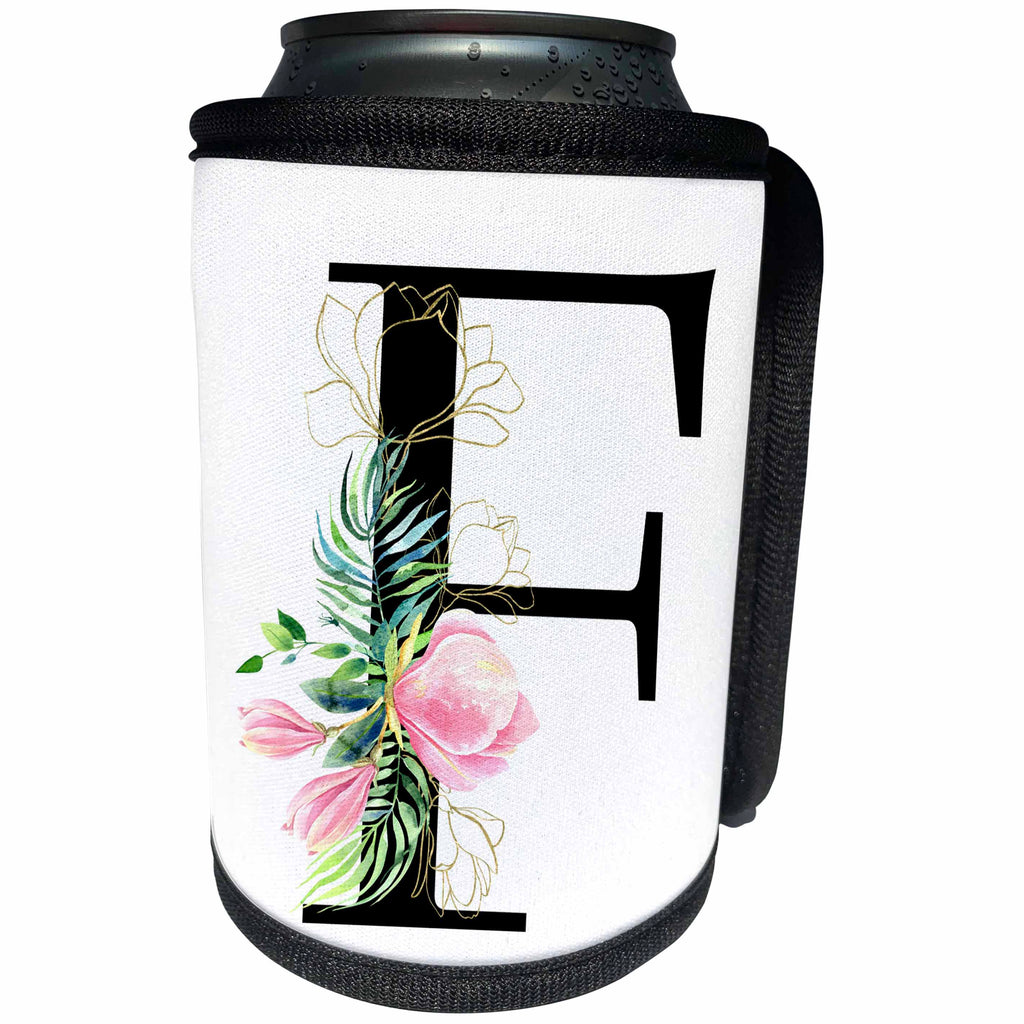 3dRose Chic Black Monogram Initial F With Pretty Pink Flowers - Can Cooler Bottle Wrap (cc-377541)