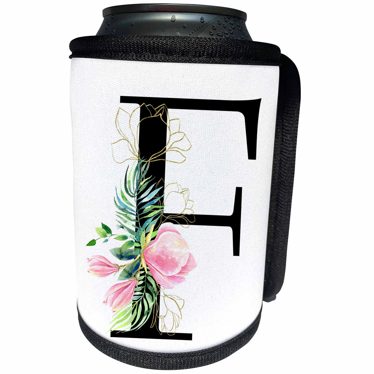 3dRose Chic Black Monogram Initial F With Pretty Pink Flowers - Can Cooler Bottle Wrap (cc-377541)