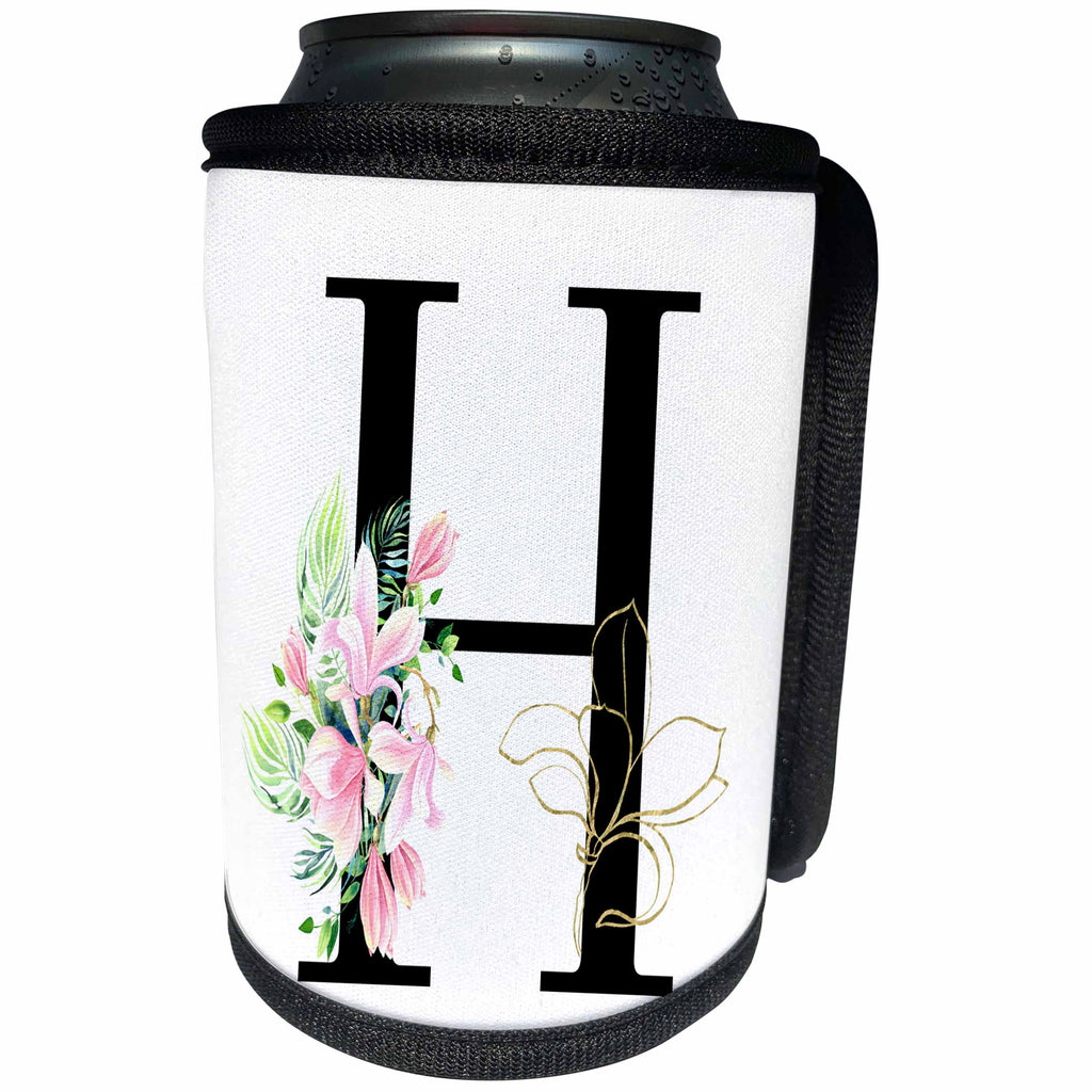 3dRose Chic Black Monogram Initial H With Pretty Pink Flowers - Can Cooler Bottle Wrap (cc-377543)