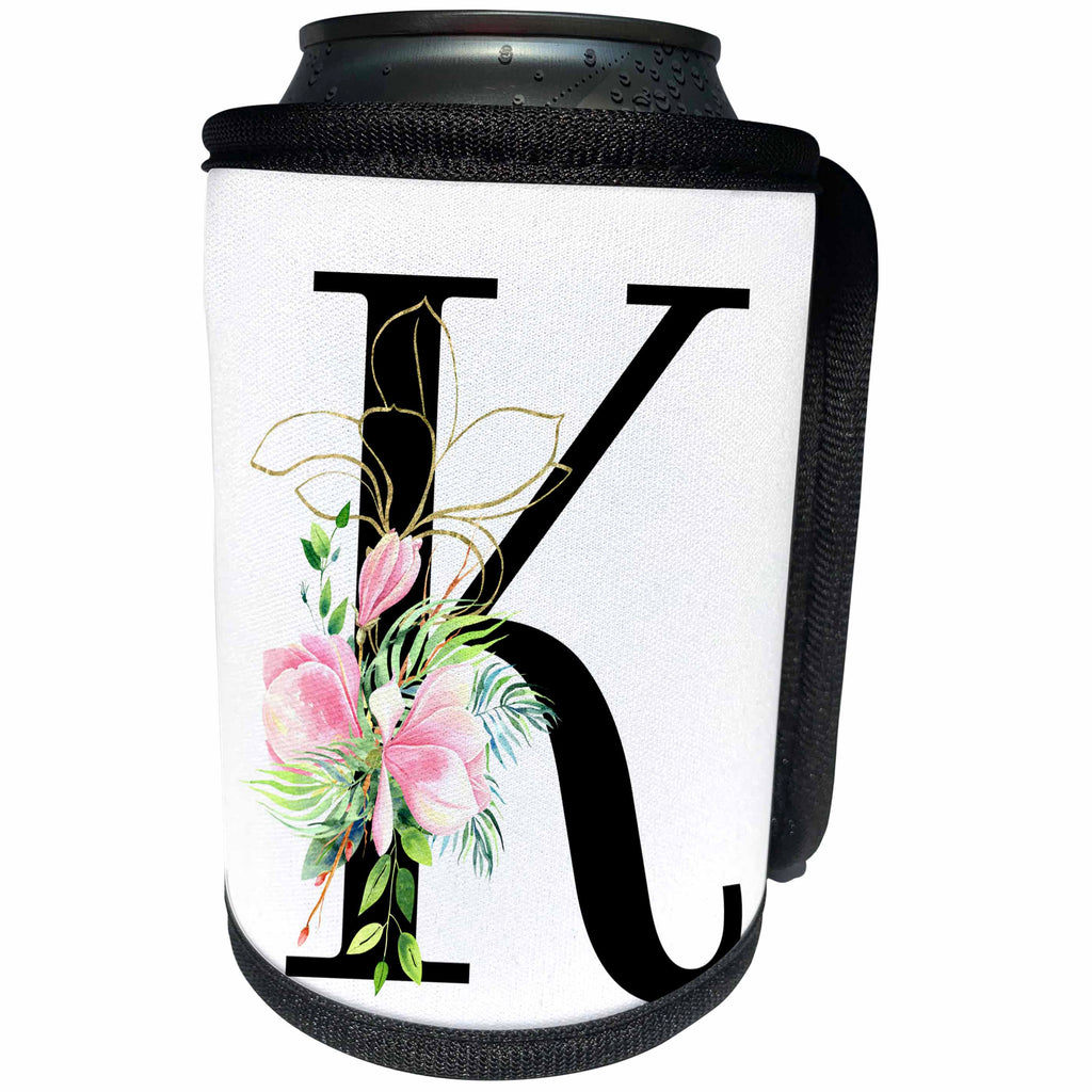 3dRose Chic Black Monogram Initial K With Pretty Pink Flowers - Can Cooler Bottle Wrap (cc-377545)