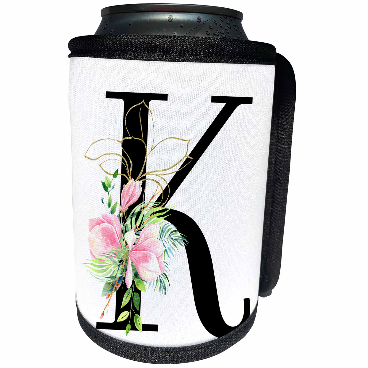 3dRose Chic Black Monogram Initial K With Pretty Pink Flowers - Can Cooler Bottle Wrap (cc-377545)