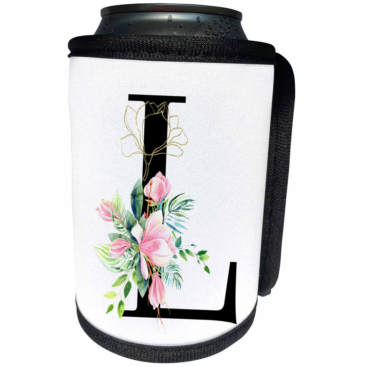 3dRose Chic Black Monogram Initial L With Pretty Pink Flowers - Can Cooler Bottle Wrap (cc-377546)