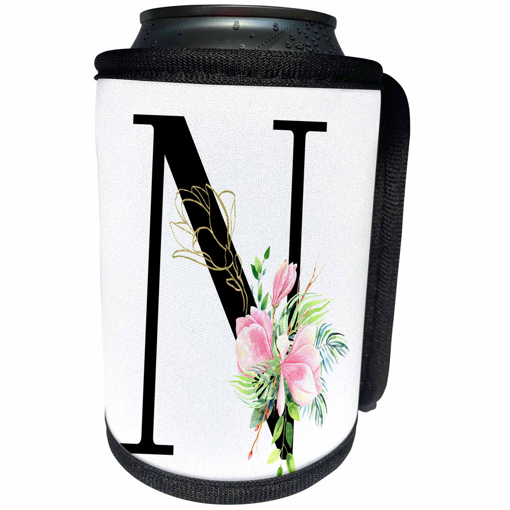 3dRose Chic Black Monogram Initial N With Pretty Pink Flowers - Can Cooler Bottle Wrap (cc-377548)