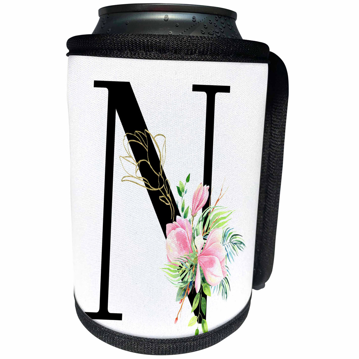 3dRose Chic Black Monogram Initial N With Pretty Pink Flowers - Can Cooler Bottle Wrap (cc-377548)