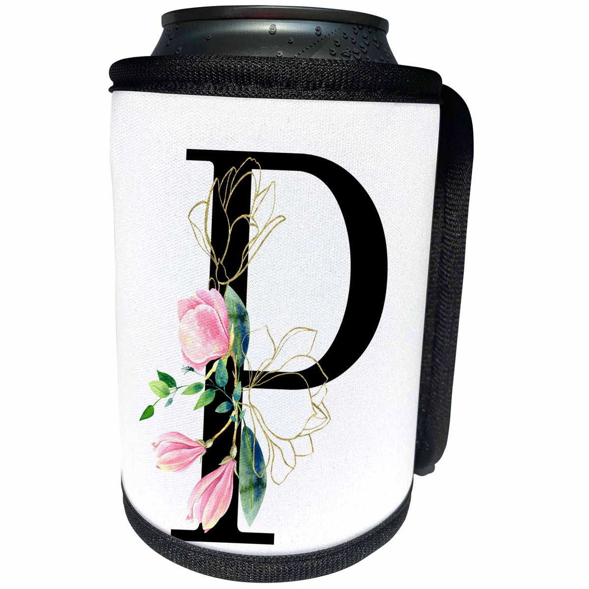 3dRose Chic Black Monogram Initial P With Pretty Pink Flowers - Can Cooler Bottle Wrap (cc-377549)