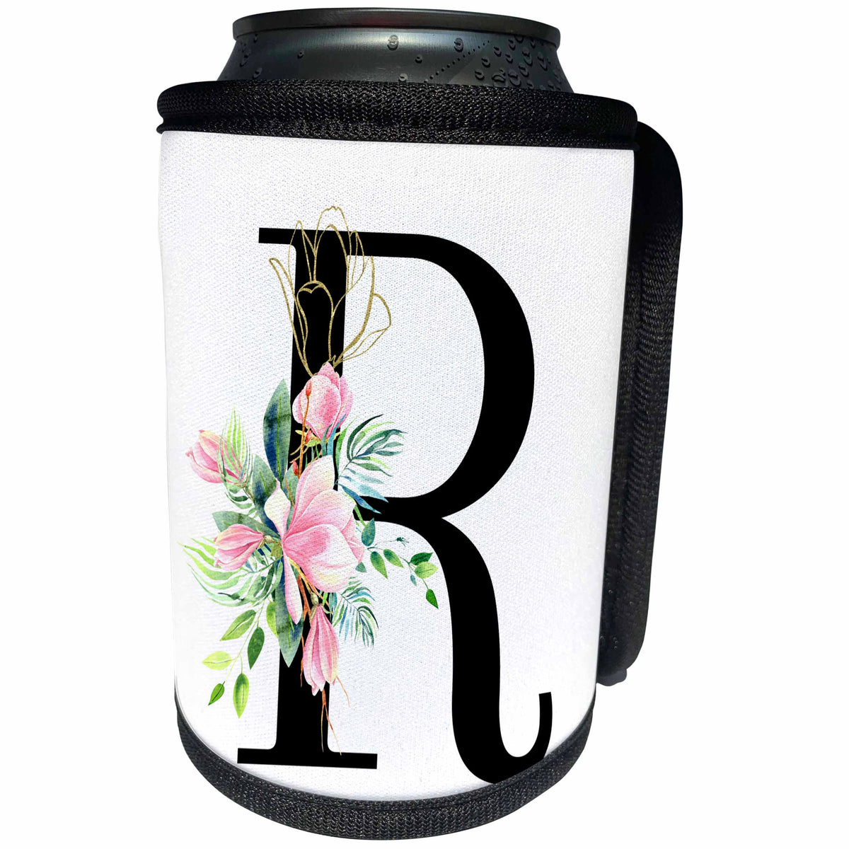 3dRose Chic Black Monogram Initial R With Pretty Pink Flowers - Can Cooler Bottle Wrap (cc-377550)