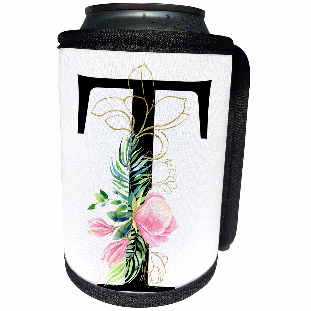 3dRose Chic Black Monogram Initial T With Pretty Pink Flowers - Can Cooler Bottle Wrap (cc-377552)