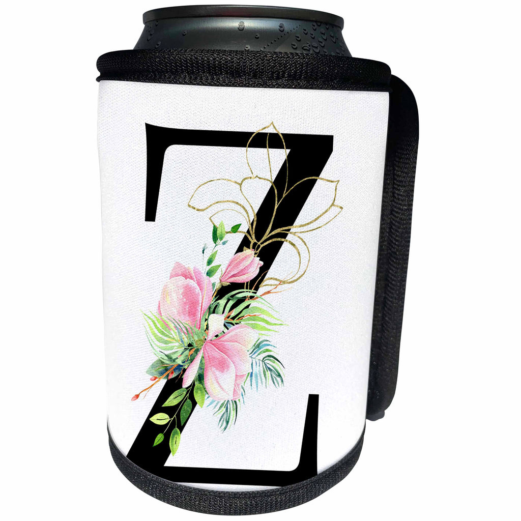3dRose Chic Black Monogram Initial Z With Pretty Pink Flowers - Can Cooler Bottle Wrap (cc-377556)