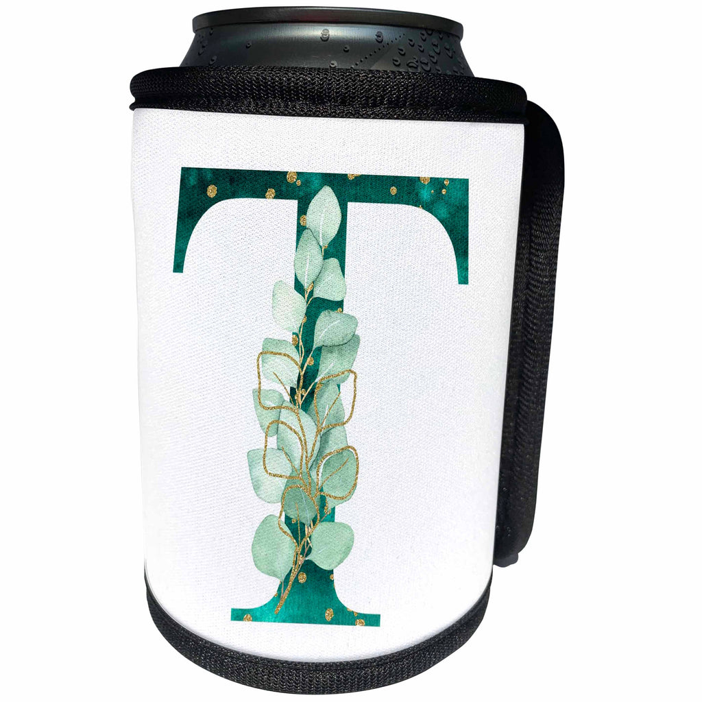 3dRose Elegant Green Monogram Initial T With Eucalyptus Leaves - Can Cooler Bottle Wrap (cc-377592)