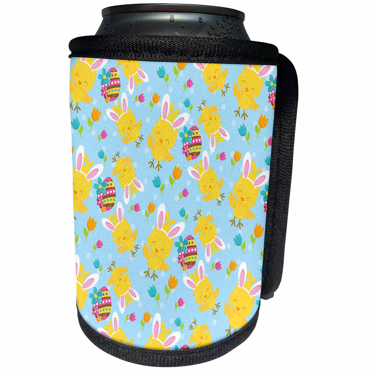 3dRose Cute Yellow Easter Chicks With Rabbit Ears and Flowers - Can Cooler Bottle Wrap (cc-377799)
