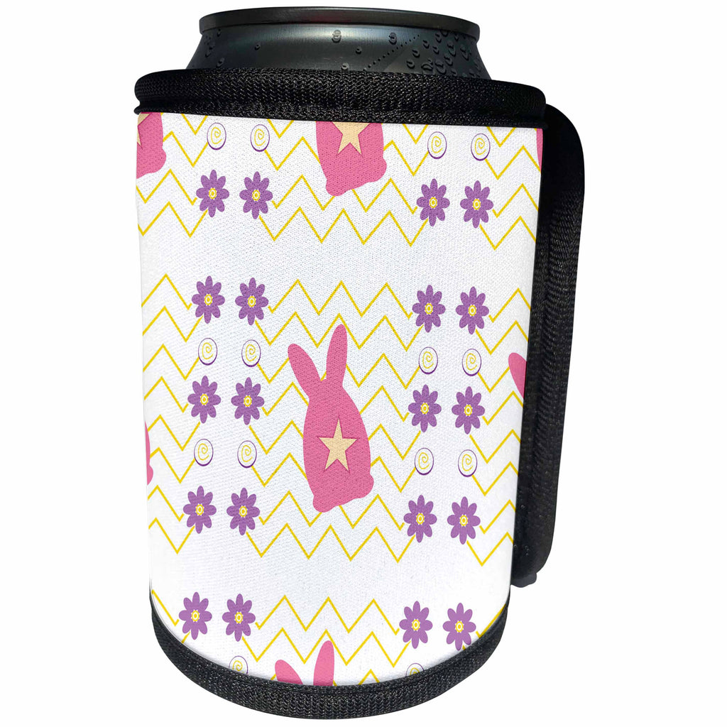 3dRose Pink Easter Bunny Silhouettes and Purple Flowers Pattern - Can Cooler Bottle Wrap (cc-377820)