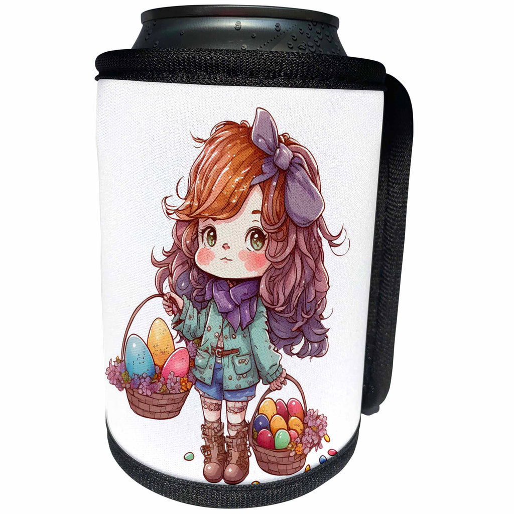 3dRose Cute Red Headed Girl Holding Two Easter Baskets - Can Cooler Bottle Wrap (cc-377827)