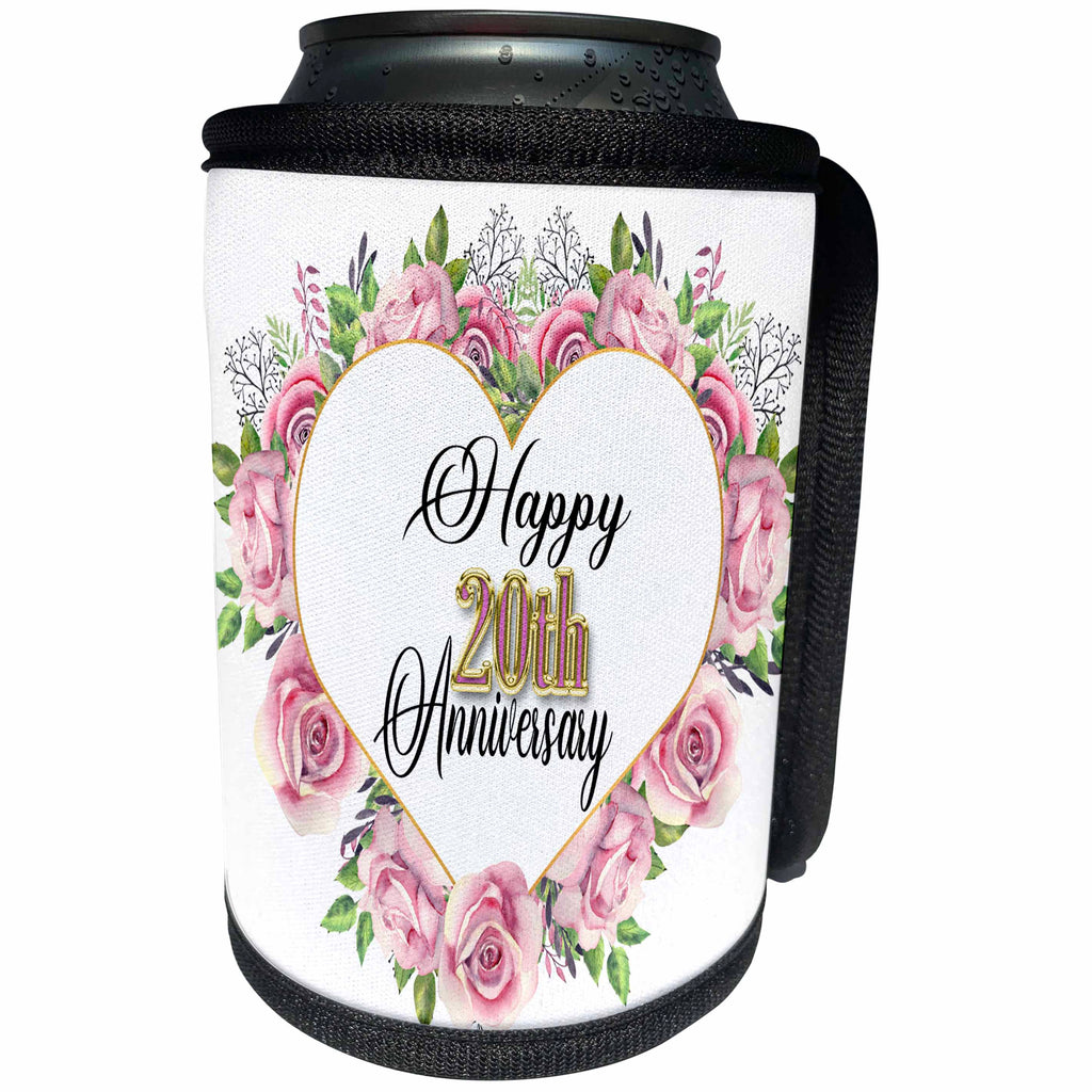 3dRose Happy 20th Anniversary Pretty Pink Rose Heart - Can Cooler Bottle Wrap (cc-377920)