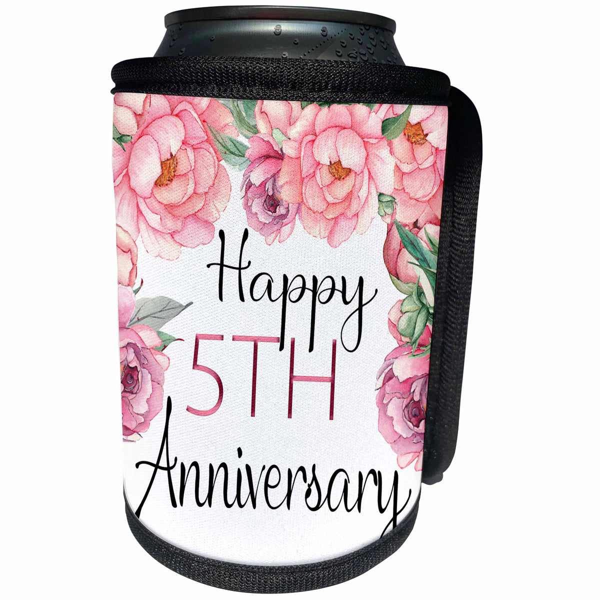 3dRose Happy 5th Anniversary Pretty Pink Peony Floral - Can Cooler Bottle Wrap (cc-377954)