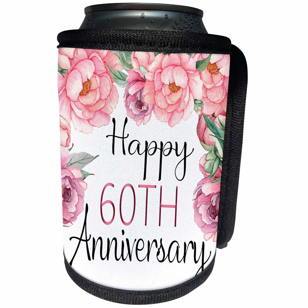 3dRose Happy 60th Anniversary Pretty Pink Peony Floral - Can Cooler Bottle Wrap (cc-377961)