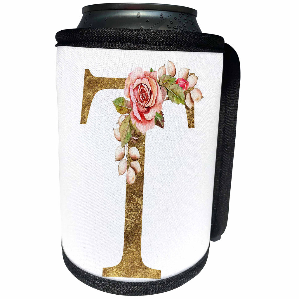 3dRose Elegant Image and Gold Boho Flower Monogram Initial T - Can Cooler Bottle Wrap (cc-378245)