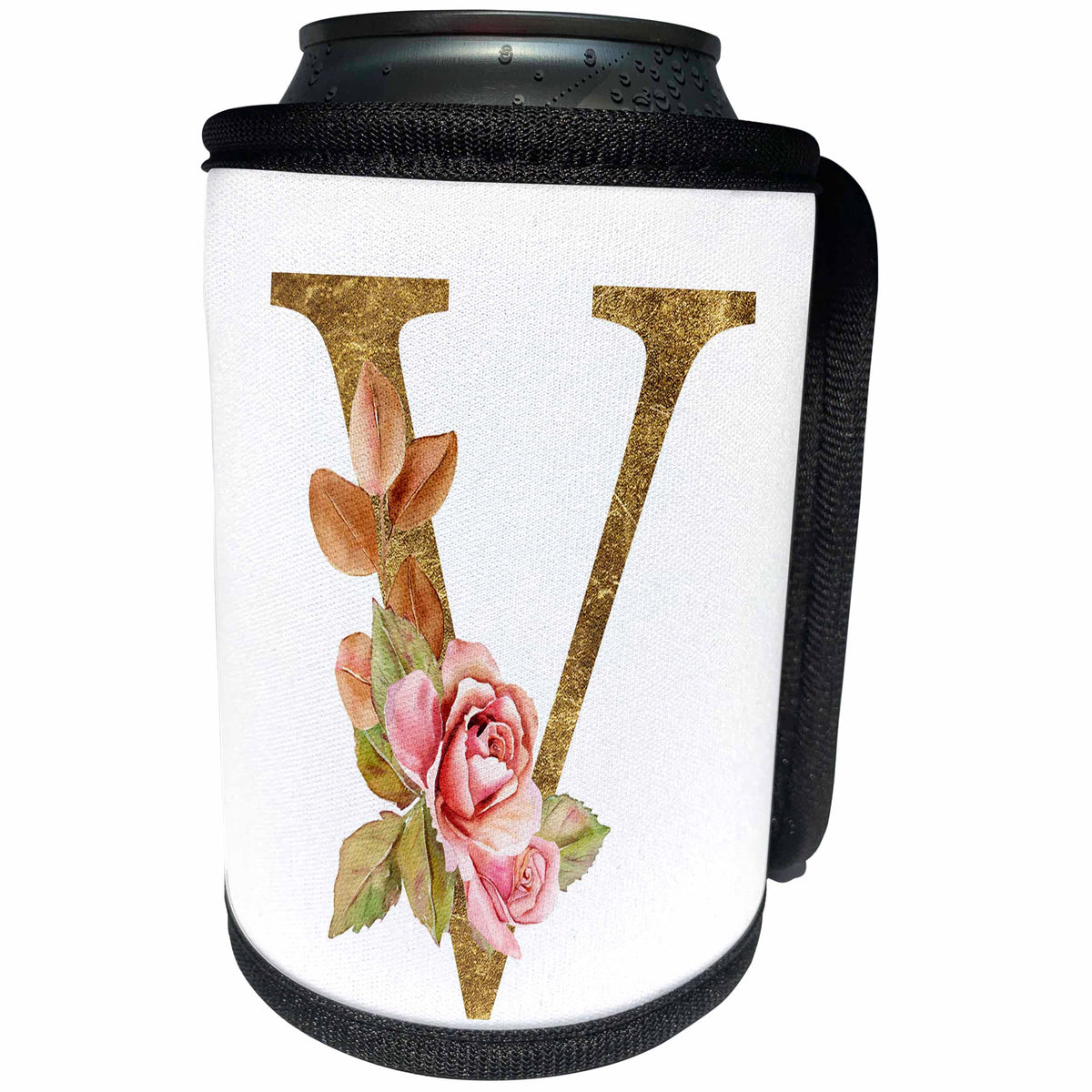 3dRose Elegant Image and Gold Boho Flower Monogram Initial V - Can Cooler Bottle Wrap (cc-378246)