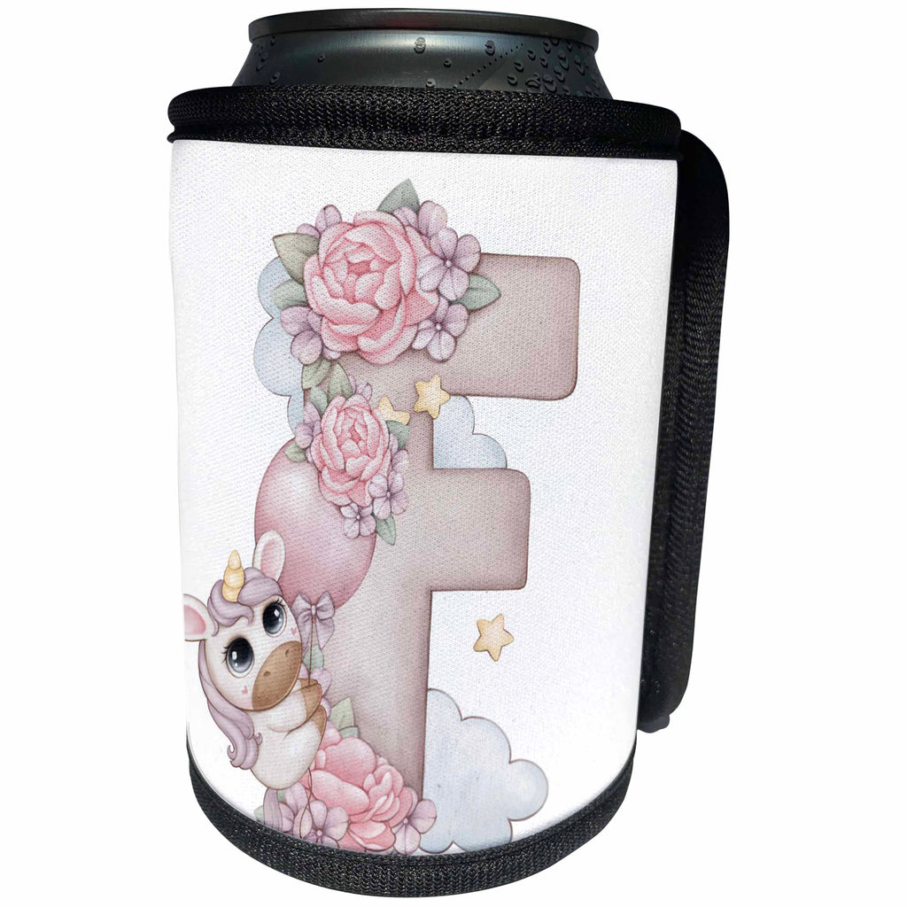 3dRose Cute Pink Unicorn Monogram Initial F - Can Cooler Bottle Wrap (cc-378254)