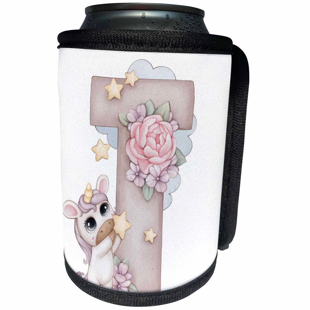 3dRose Cute Pink Unicorn Monogram Initial T - Can Cooler Bottle Wrap (cc-378265)