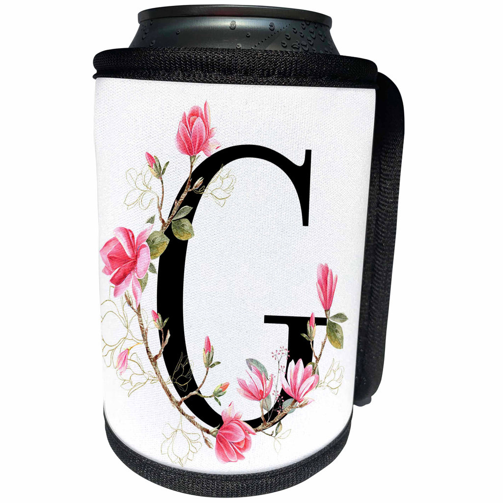 3dRose Pretty Pink Magnolia Flower Monogram Initial G - Can Cooler Bottle Wrap (cc-378275)