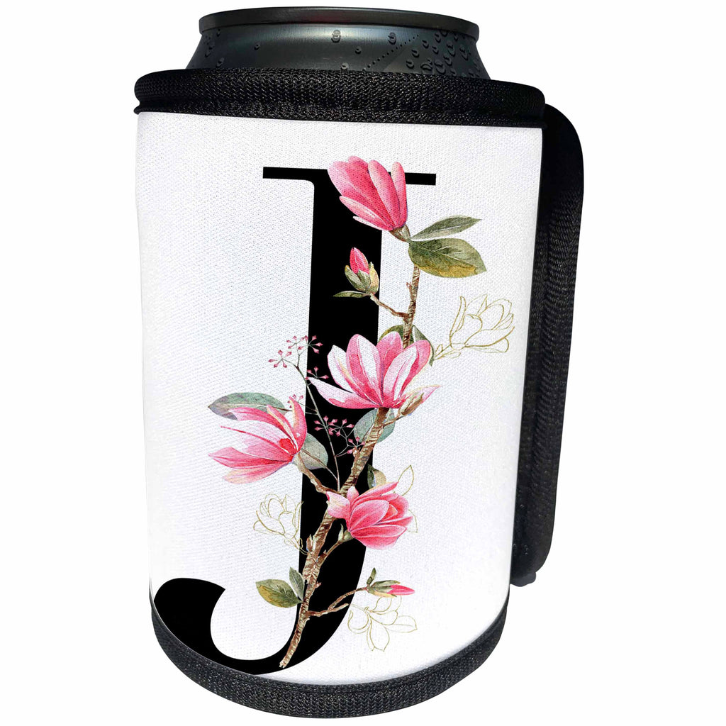 3dRose Pretty Pink Magnolia Flower Monogram Initial J - Can Cooler Bottle Wrap (cc-378277)