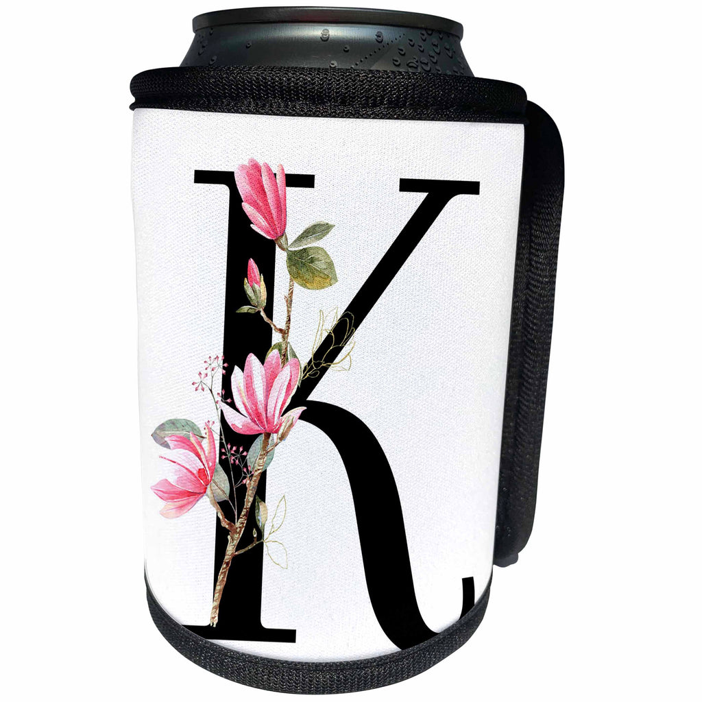 3dRose Pretty Pink Magnolia Flower Monogram Initial K - Can Cooler Bottle Wrap (cc-378278)