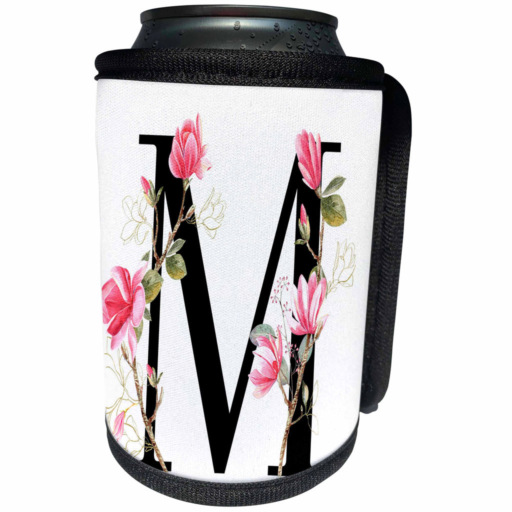 3dRose Pretty Pink Magnolia Flower Monogram Initial M - Can Cooler Bottle Wrap (cc-378280)