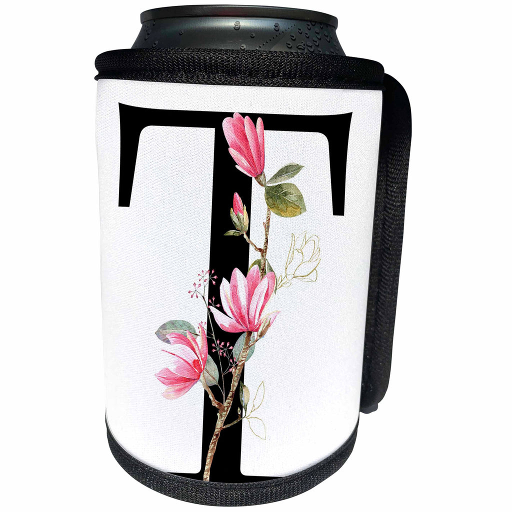 3dRose Pretty Pink Magnolia Flower Monogram Initial T - Can Cooler Bottle Wrap (cc-378285)