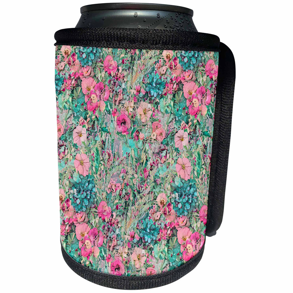 3dRose Pink and Green Impressionist Flower Pattern - Can Cooler Bottle Wrap (cc-378564)