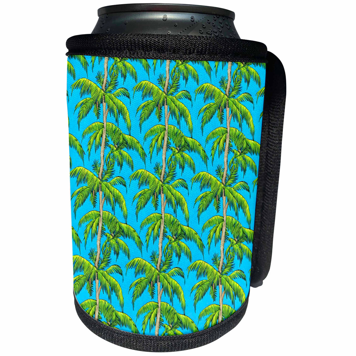 3dRose Green Palm Tree Pattern Against A Blue Background - Can Cooler Bottle Wrap (cc-378565)