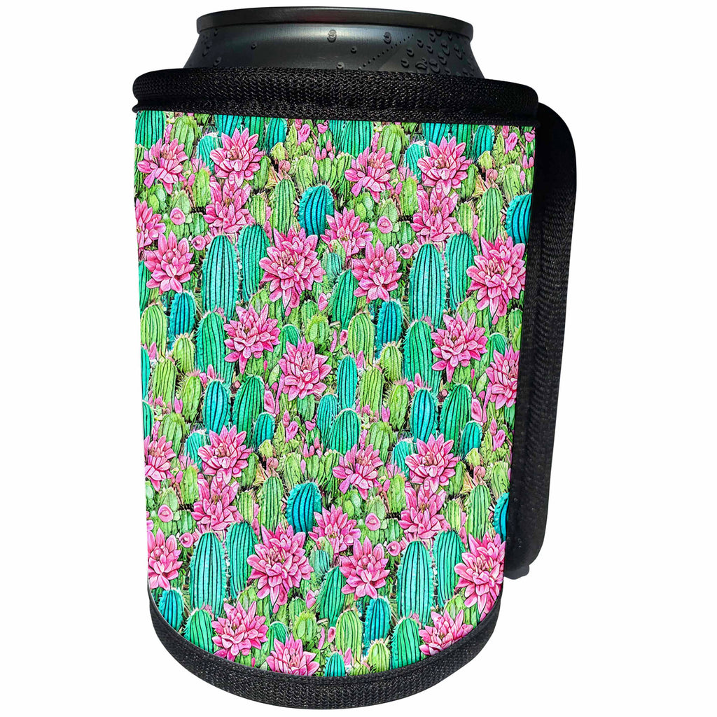 3dRose Pretty Pink Succulent Flowers and Cactus Pattern - Can Cooler Bottle Wrap (cc-378577)