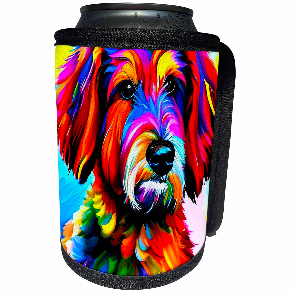 3dRose Cute Goldendoodle dog portrait on black. Digital... - Can Cooler Bottle Wrap (cc-378613)