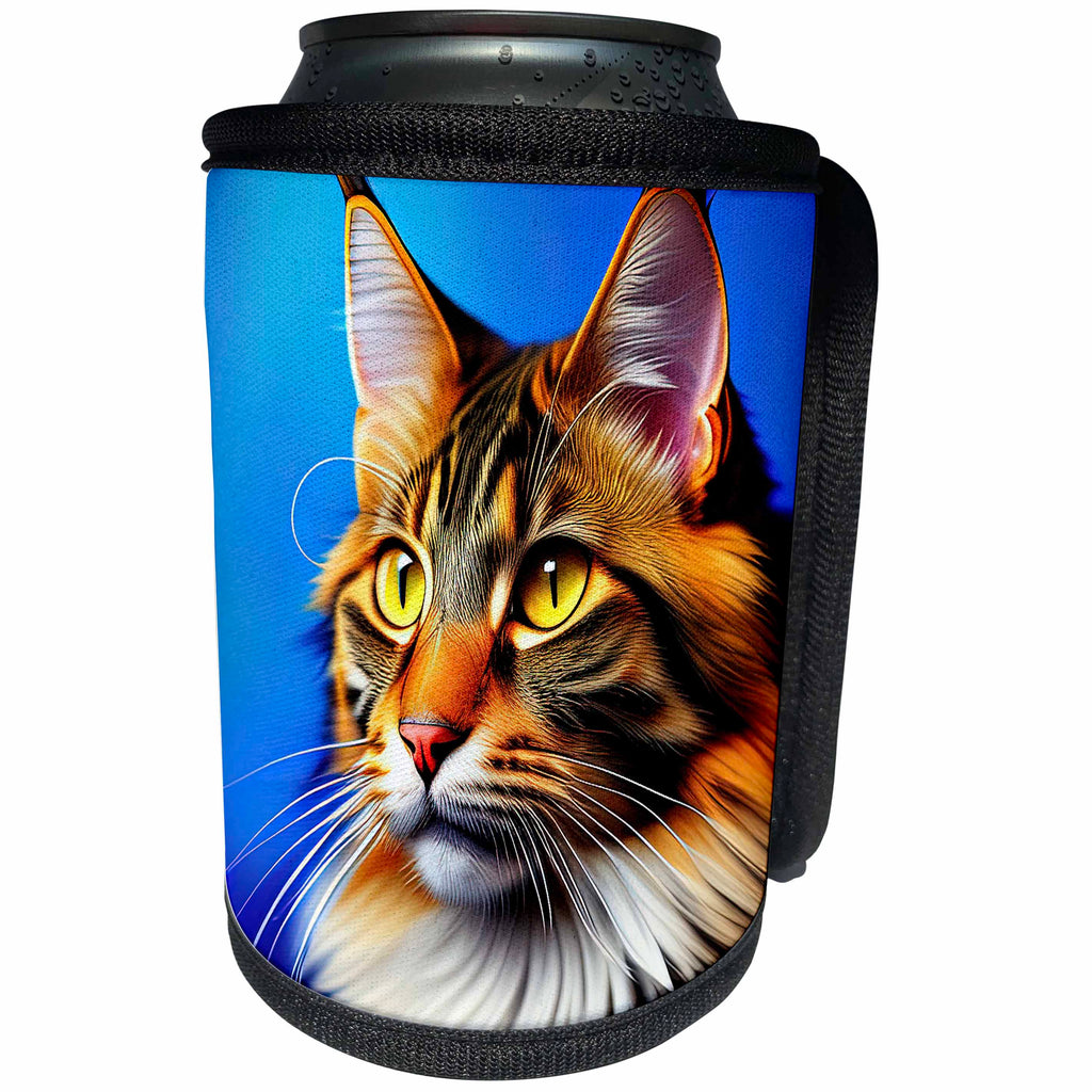 3dRose Adorable Maine Coon cat portrait on blue. Digital art... - Can Cooler Bottle Wrap (cc-378712)