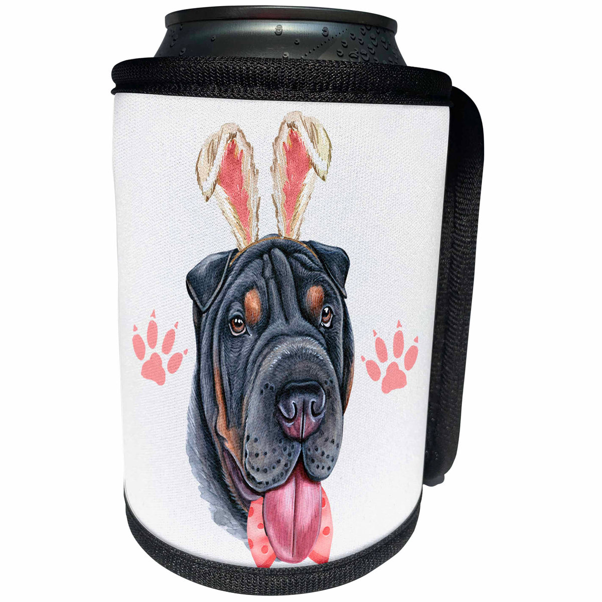 3dRose Sweet Black Shar Pei Easter Dog in Bunny Ears and Pink... - Can Cooler Bottle Wrap (cc-378974)