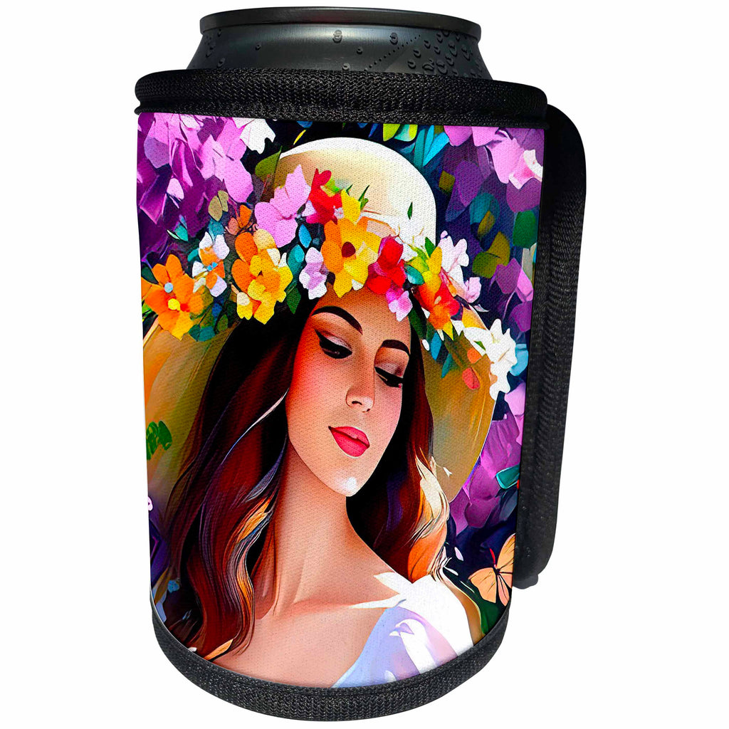 3dRose Captivating young woman in a straw hat and flower... - Can Cooler Bottle Wrap (cc-379125)