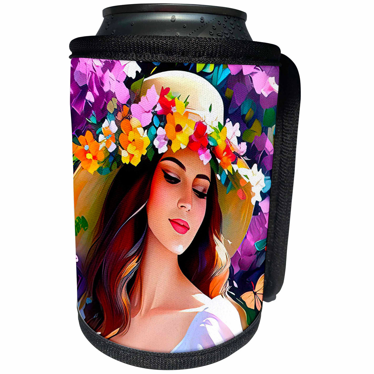 3dRose Captivating young woman in a straw hat and flower... - Can Cooler Bottle Wrap (cc-379125)