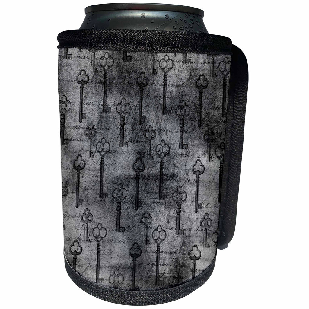 3dRose Charcoal Gray Grunge Key and Script Pattern - Can Cooler Bottle Wrap (cc-379465)