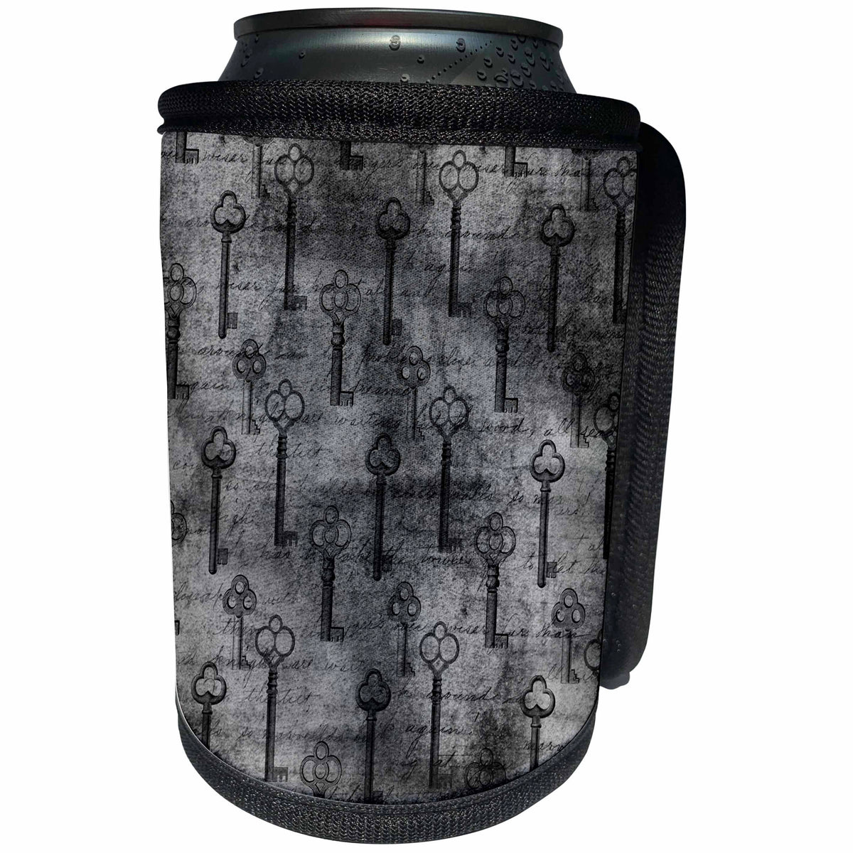 3dRose Charcoal Gray Grunge Key and Script Pattern - Can Cooler Bottle Wrap (cc-379465)