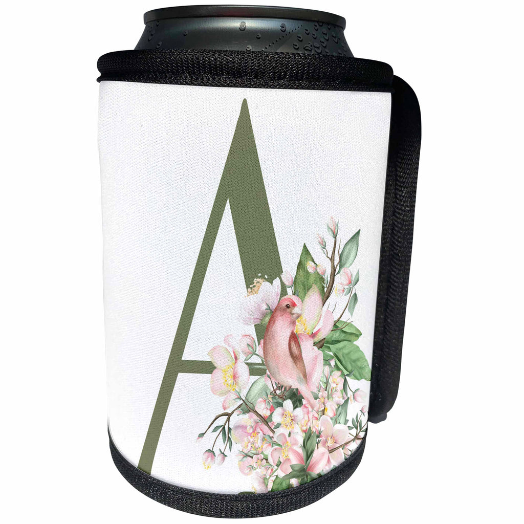 3dRose Green Monogram Initial A Pretty Floral and Bird - Can Cooler Bottle Wrap (cc-379725)