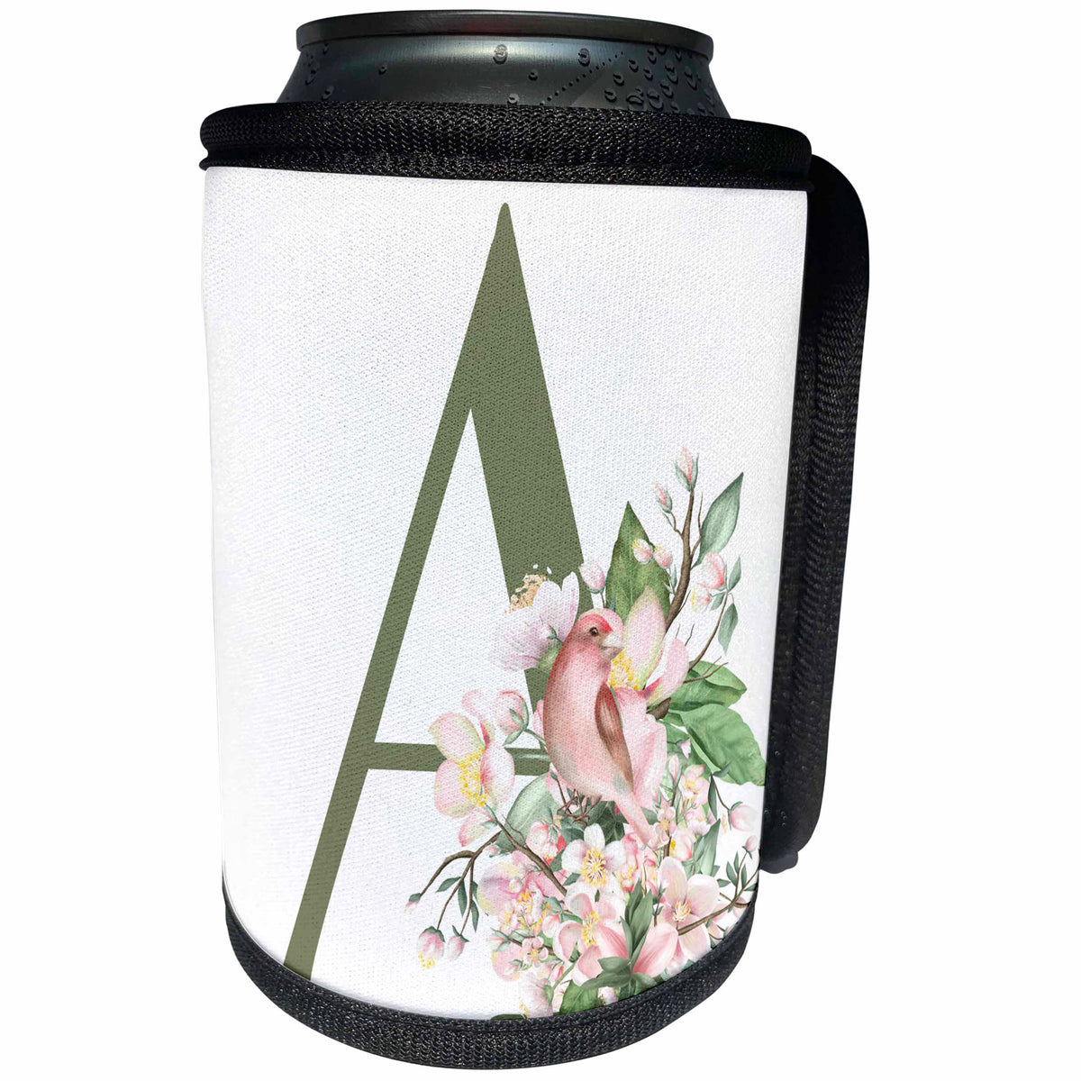 3dRose Green Monogram Initial A Pretty Floral and Bird - Can Cooler Bottle Wrap (cc-379725)