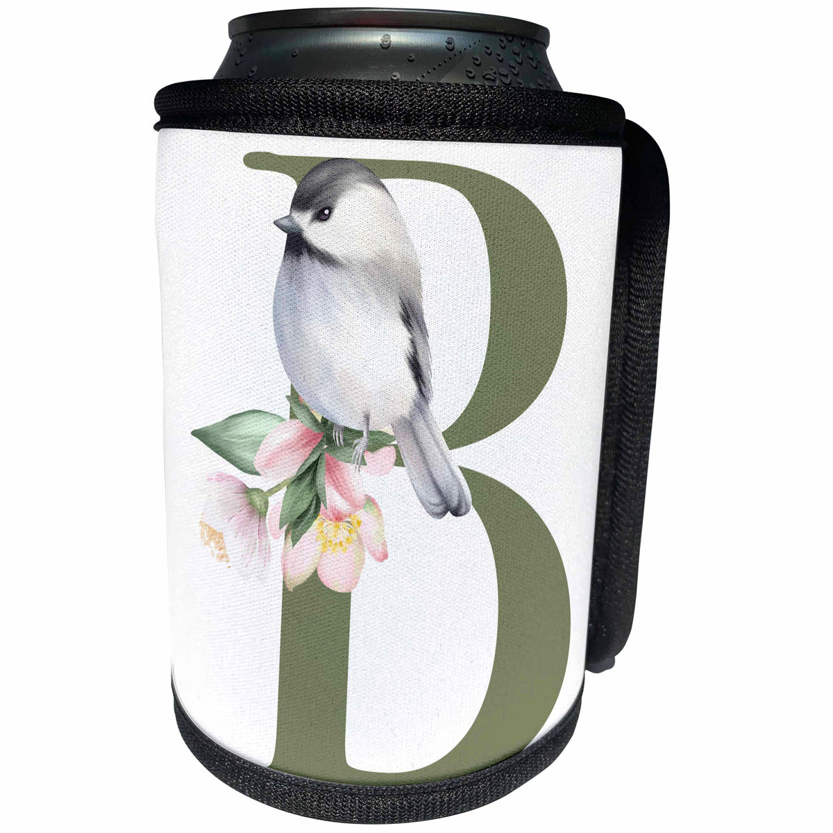 3dRose Green Monogram Initial B Pretty Floral and Bird - Can Cooler Bottle Wrap (cc-379726)
