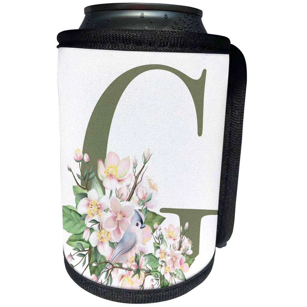 3dRose Green Monogram Initial G Pretty Floral and Bird - Can Cooler Bottle Wrap (cc-379730)