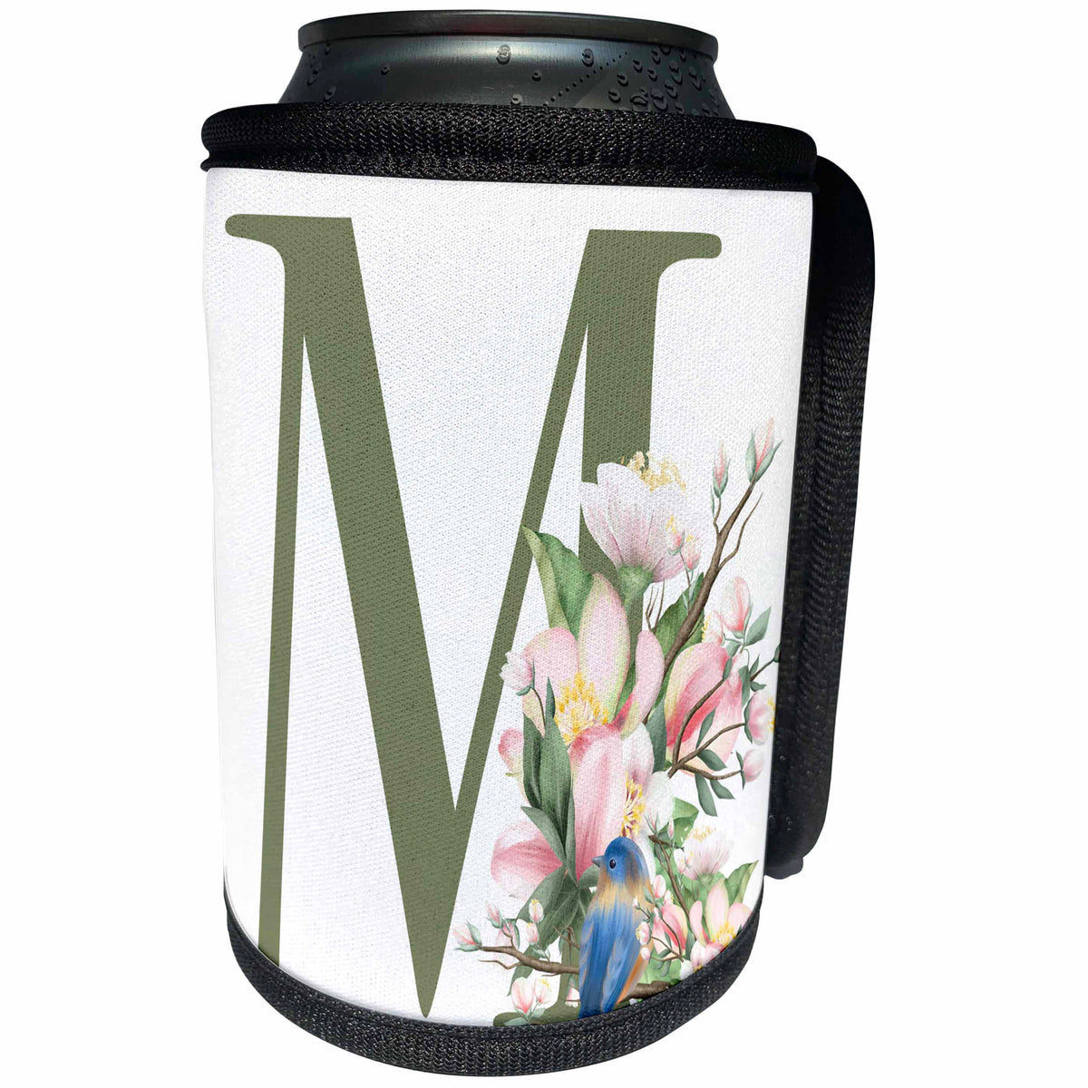 3dRose Green Monogram Initial M Pretty Floral and Bird - Can Cooler Bottle Wrap (cc-379735)
