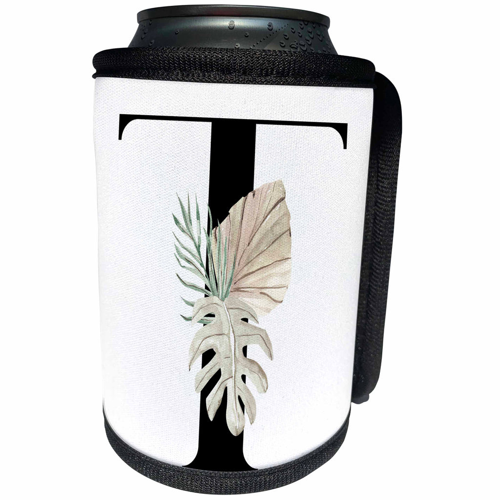 3dRose Pretty Tropical Leaf Monogram Initial T - Can Cooler Bottle Wrap (cc-379780)