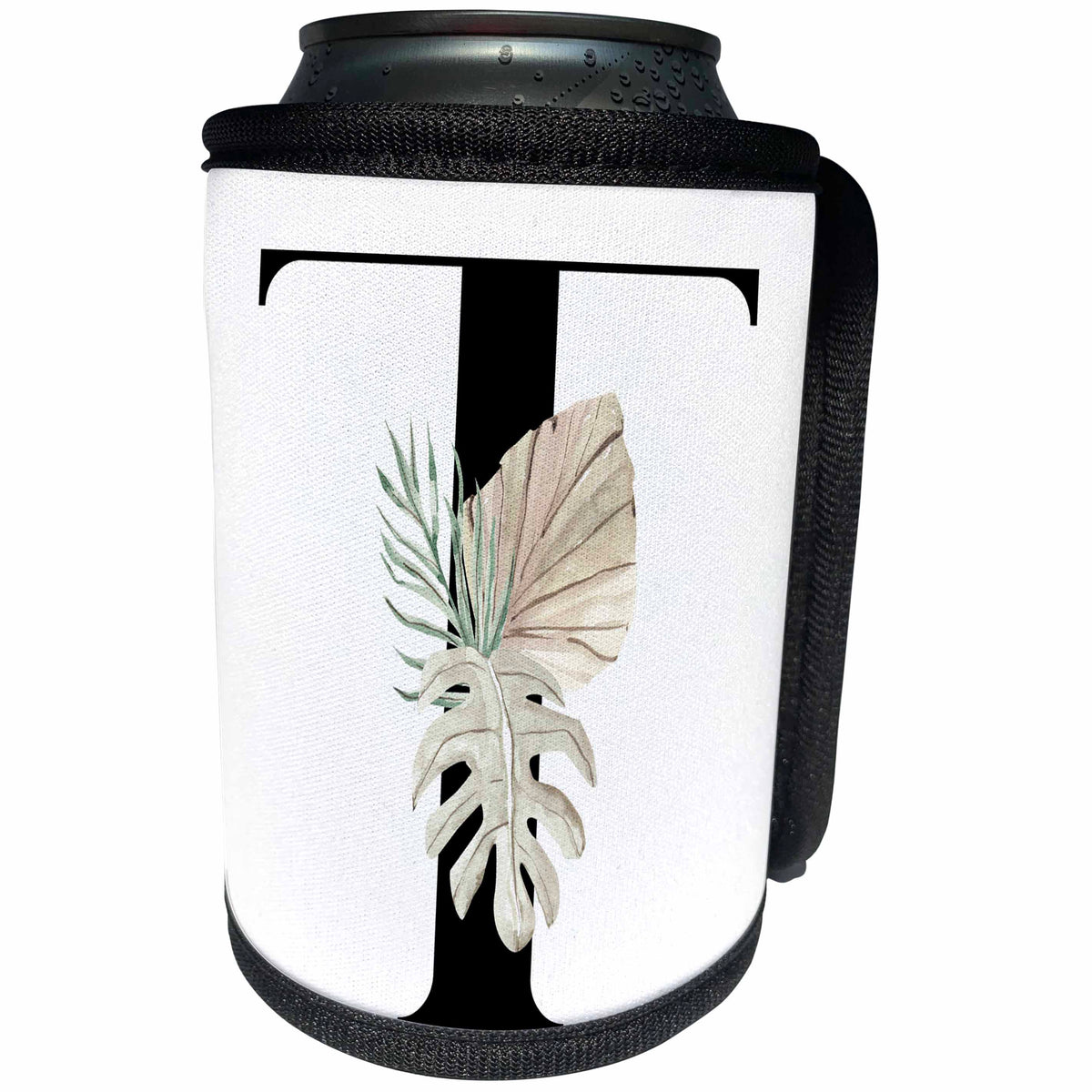3dRose Pretty Tropical Leaf Monogram Initial T - Can Cooler Bottle Wrap (cc-379780)