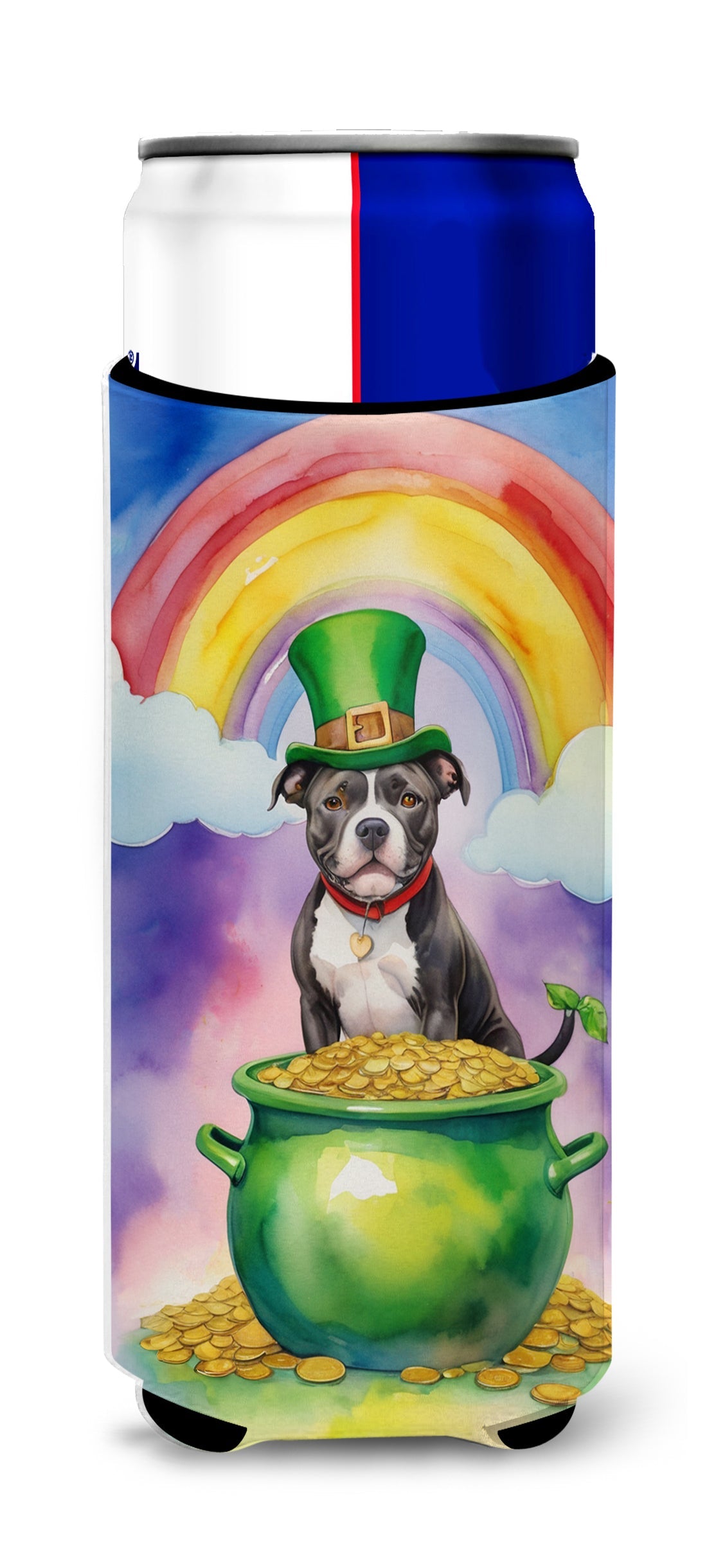 Staffordshire Bull Terrier St Patrick's Day Slim Can Hugger , Insulated Foam Hugger for 12 oz Slim Cans, Beer Bottles & Water Bottles, Printed in USA