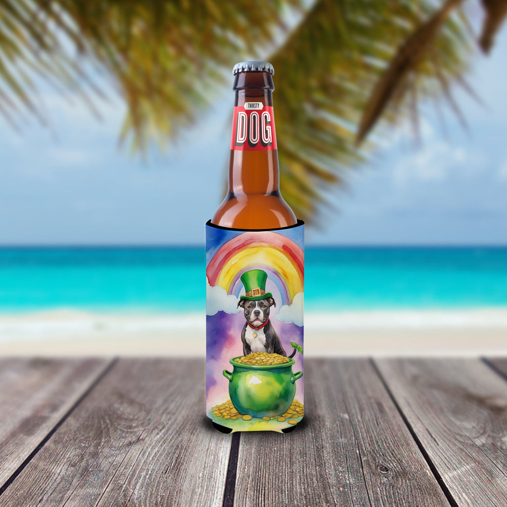 Staffordshire Bull Terrier St Patrick's Day Slim Can Hugger , Insulated Foam Hugger for 12 oz Slim Cans, Beer Bottles & Water Bottles, Printed in USA