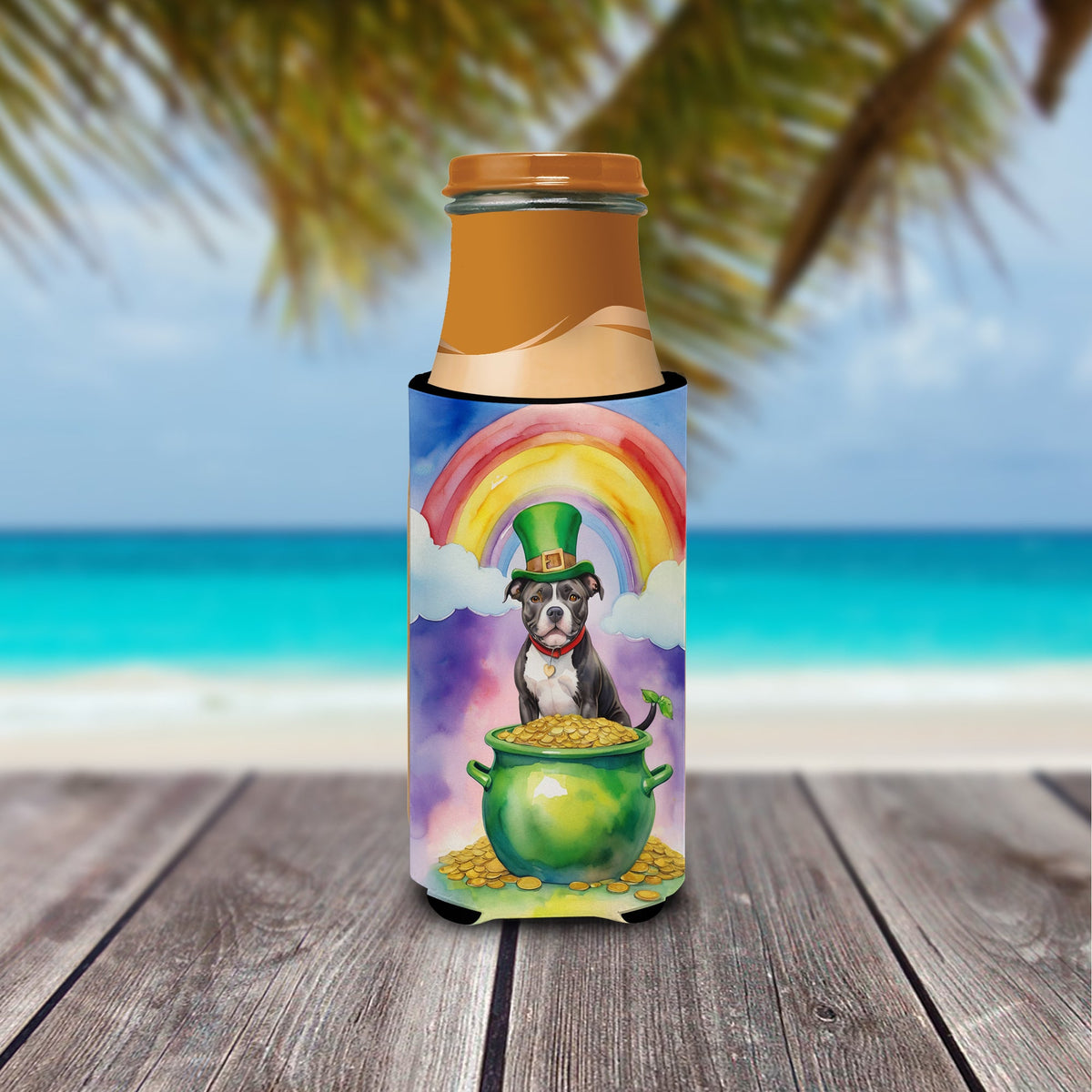 Staffordshire Bull Terrier St Patrick's Day Slim Can Hugger , Insulated Foam Hugger for 12 oz Slim Cans, Beer Bottles & Water Bottles, Printed in USA