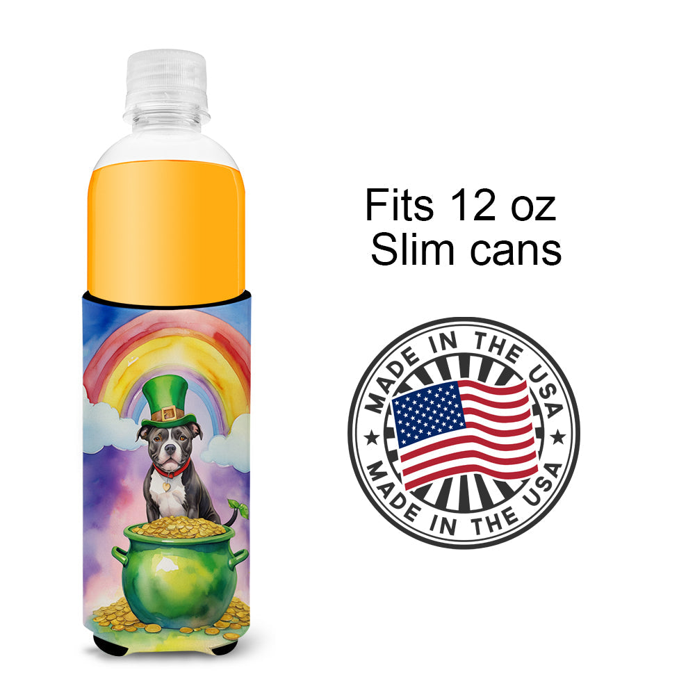 Staffordshire Bull Terrier St Patrick's Day Slim Can Hugger , Insulated Foam Hugger for 12 oz Slim Cans, Beer Bottles & Water Bottles, Printed in USA